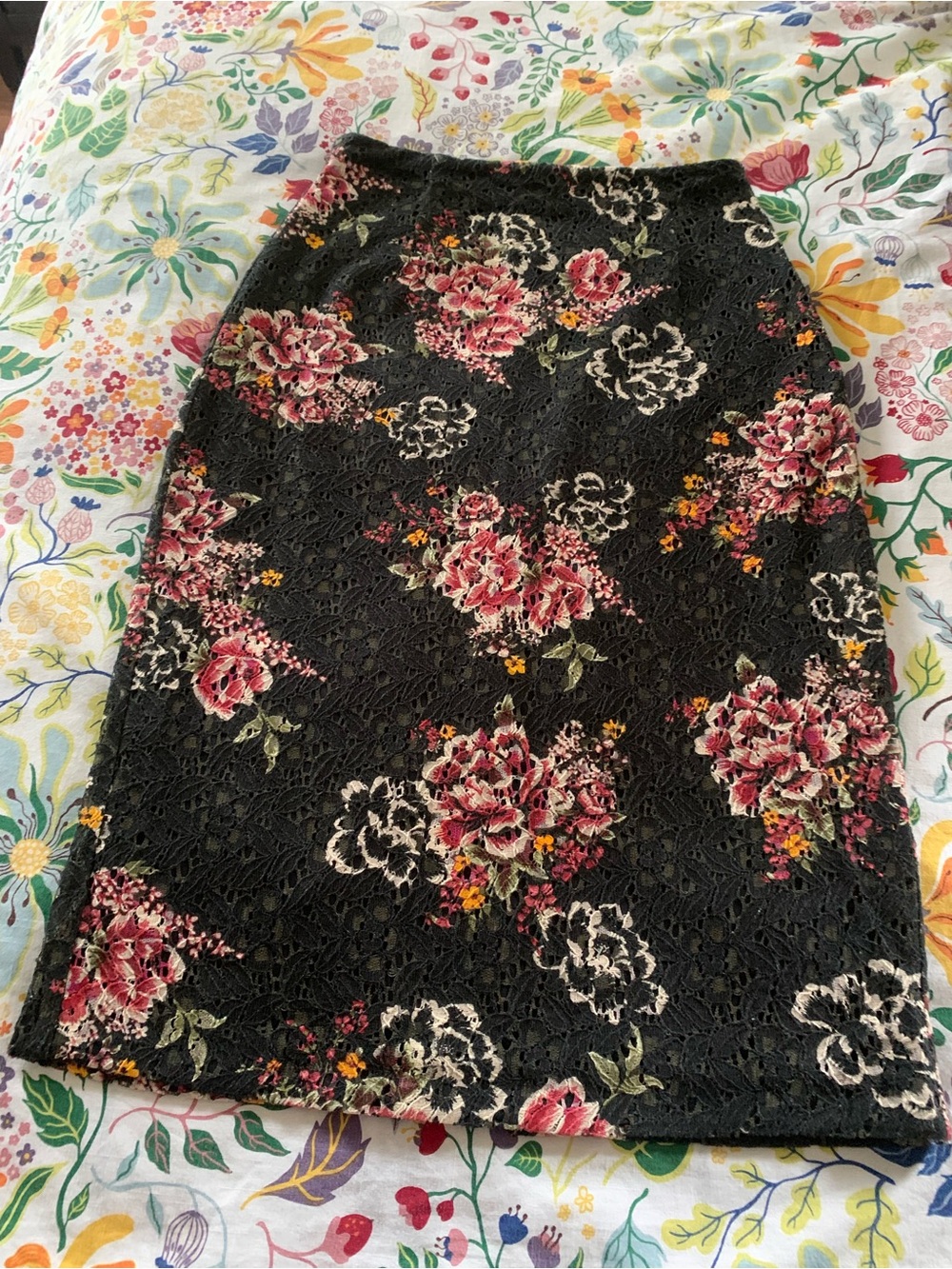Zara Black Lace Pencil Skirt with Pink Floral Print